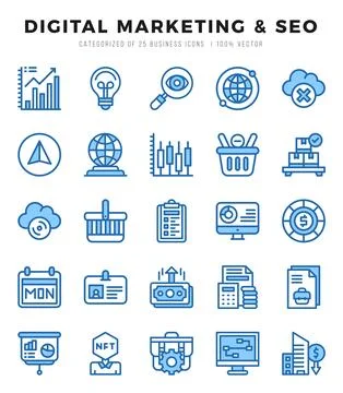 Digital Marketing &amp; SEO elements. Two Color web icon set. Simple vector ill.. 스톡 일러스트