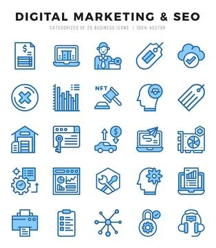 Digital Marketing &amp; SEO elements. Two Color web icon set. Simple vector ill.. 스톡 일러스트