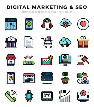 Digital Marketing &amp; SEO Icon Bundle 25 Icons for Websites and Apps Stock Illustration