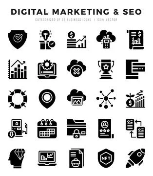 Digital Marketing &amp; SEO Icon Bundle 25 Icons for Websites and Apps Stock Illustration