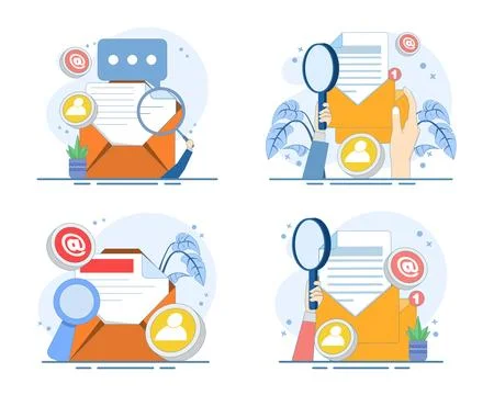 Digital marketing set featuring email newsletters, audience outreach. Stock Illustration
