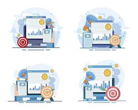 Digital marketing set featuring SEO, keywords, advertising, social media. Stock-Illustration