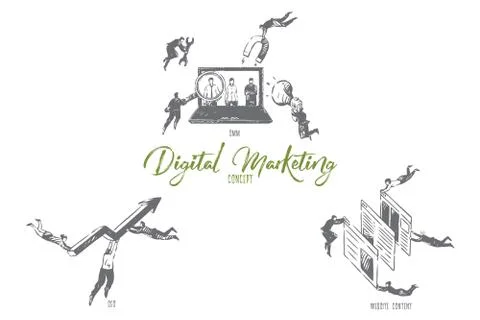 Digital marketing, SMM, SEO, website content concept sketch Stock Illustration