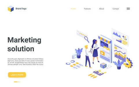 Digital marketing solution isometric landing page, people working on development 库存插图