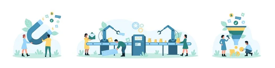 Digital marketing strategy set, tiny people work on conversion in conveyor and Illustration