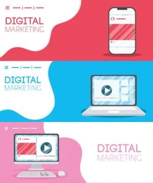 Digital marketing tech with electronic devices Stock Illustration