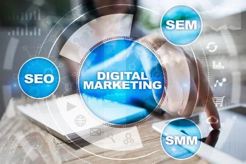 DIgital marketing technology concept. Internet. Online. SEO. SMM. Advertising. Stock Illustration