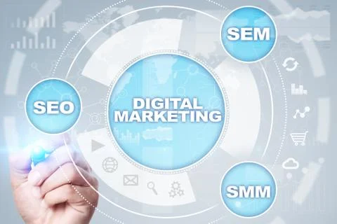 DIgital marketing technology concept. Internet. Online. SEO. SMM. Advertising. Fotos Stock