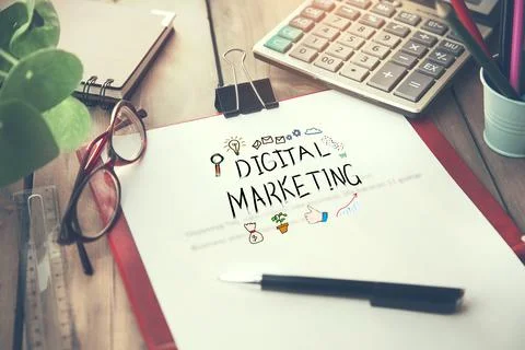 Digital  marketing text  on notepad Stock Photos