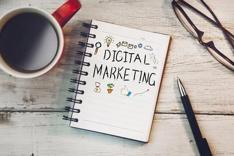 Digital  marketing text  on notepad Stock Photos
