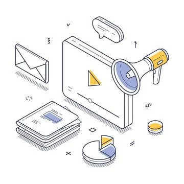 Digital marketing tools and elements in a creative design layout isometric .. Stock Illustration