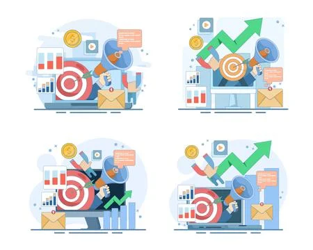 Digital marketing website set featuring online promotion, web advertising Stock Illustration