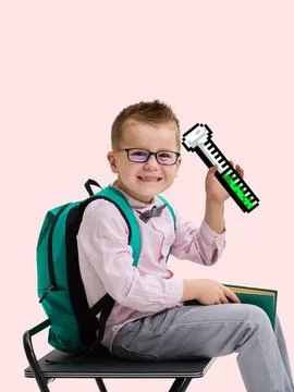 Digital mashup. Confident schoolboy with backpack and retro measuring stick Stock Photos