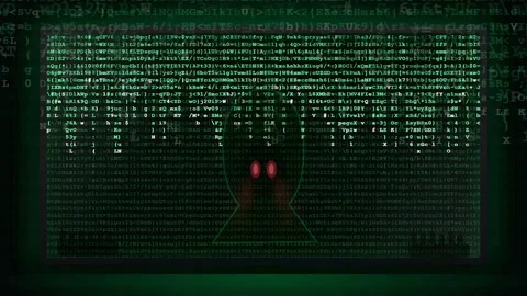 Digital Matrix Background with Green Binary Code and Glowing Red Eyes of a Video stock 343168737