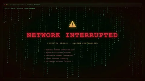 Digital Matrix Background with Red Network Interrupted Warning and System Stock Footage 345766138