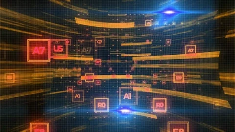 Digital Matrix Binary Code Streaming Screen Background with Glowing Technica Stock Footage 343539401