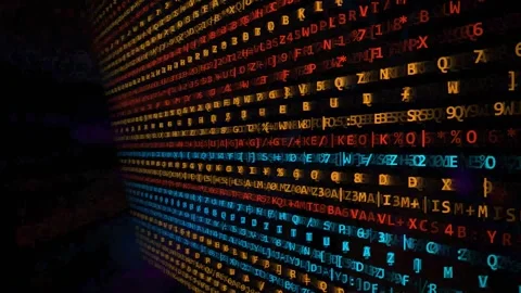 Digital matrix code flows on dark tech background wall. Video stock 342524835
