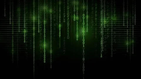 Digital matrix code rain with falling green and yellow binary numbers on a .. Stock Illustration