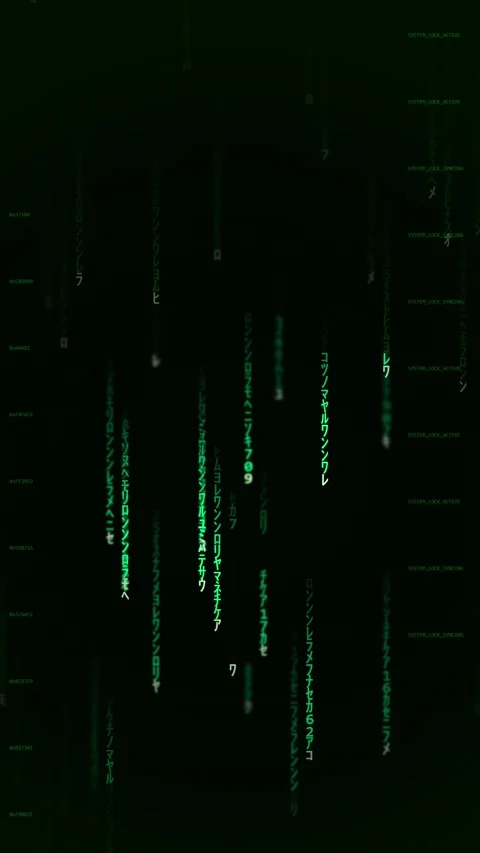 Digital Matrix Code Rain with Japanese Characters Falling on Dark Background Stock Footage 346202792