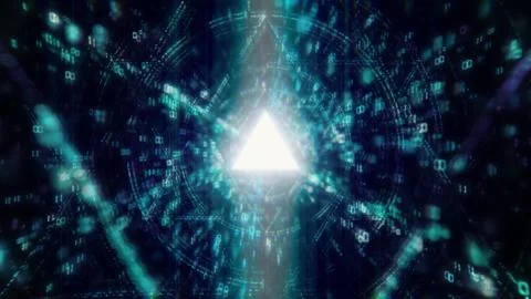 Digital matrix core tunnel of binar lights, neon glowing rays loop in motion Stock Illustration
