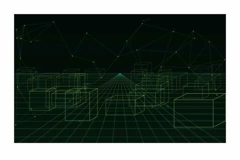 Digital matrix grid and glowing cyber cubes. Futuristic wireframe architect.. 스톡 일러스트