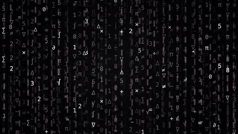 Digital Matrix Rain of Mathematical Symbols and Numbers on Black Background Stock Footage 333606743