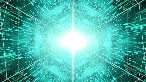 Digital matrix tunnel with bright light ahead, source code virtual machine Stock Footage 116353663