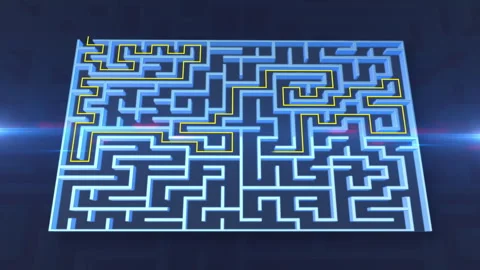 Digital Maze Solving Animation with Glowing Yellow Path Reveal Video stock 347823564