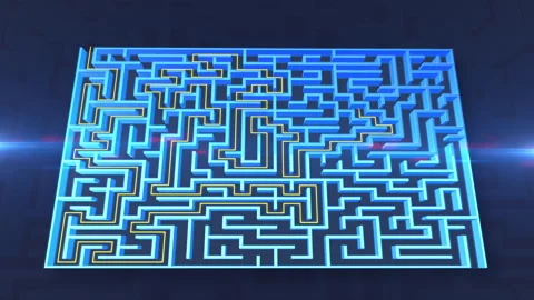 Digital Maze Solving Path Animation in Blue Neon Technology Concept Stock Footage 347823574