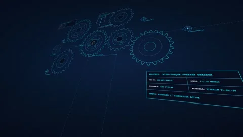Digital mechanical gears rotating on a blue technical cad blueprint. 4K Vídeo Stock 344846341