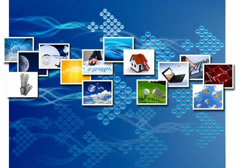 Digital Media Collage on Blue Technology Background Stock Photos