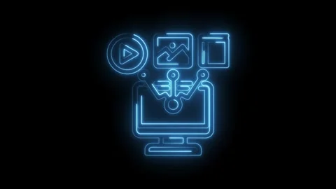 Digital media content creation and management concept with glowing neon icons Stock Footage 333956088