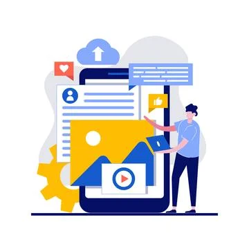 Digital media data concept with character. People working with multimedia f.. Stock Illustration