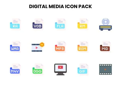 Digital Media Flat Set Icons Pack 스톡 일러스트