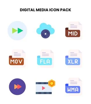 Digital Media Flat Set Icons Pack Stock Illustration