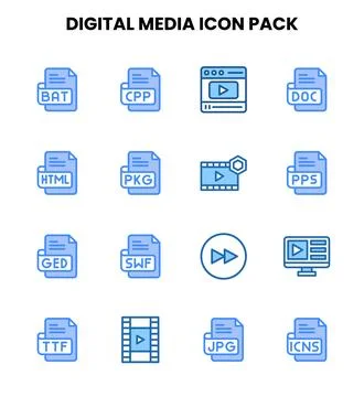 Digital Media Two Colour Bundle Icons Pack 库存插图