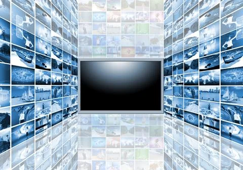Digital Media Wall with Blank Screen in Futuristic Blue Technology Room Stock Illustration