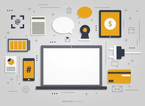 Digital media workplace vector set Stock Illustration
