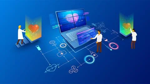 Digital medical technology. Computer application for health diagnostic and Illustrazione stock