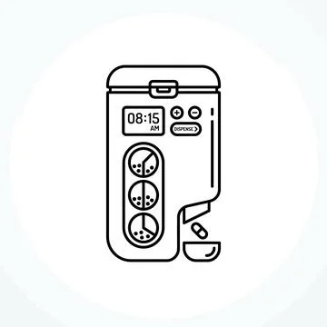 Digital medication dispenser with clock and pill container for automated he.. Illustration