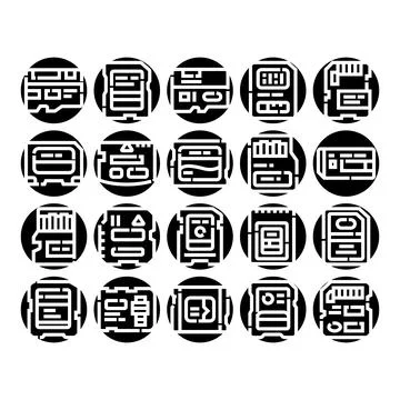 Digital memory card storage devices glyph icons set Illustrazione stock