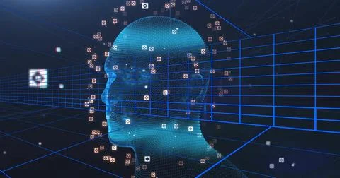 Digital mesh head glowing in virtual cyberspace, with floating square data icons Foto stock