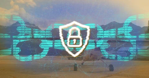 Digital mesh sweeping over rural airstrip then code streaming and shield icon Stock Footage 315715775