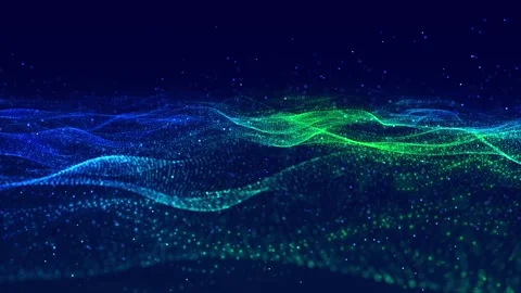 Digital mesh wave landscape visual with blue and green particle fields, glowing Stock Footage 340554114