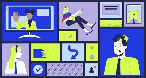 Digital messaging and online interaction in media bento grid illustration set Stock Illustration