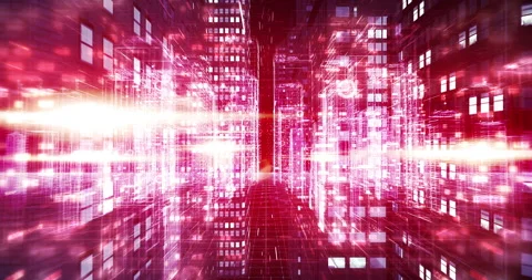 Digital metropolis wireframe leading into server room view. Stock Footage 324740044