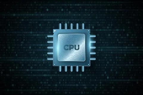 Digital microchip CPU on background of binary code. Futuristic high performan Stock Illustration
