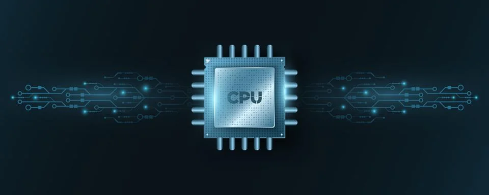 Digital microchip CPU with glowing computer circuit board or motherboard. Fut Stock Illustration