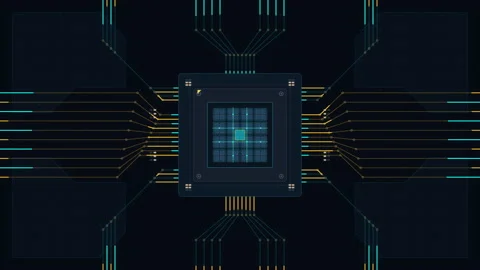 Digital microchip cpu processor, circuit board data flow lines Stock Footage 347562663