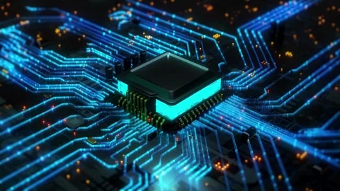 Digital Microchip on Glowing Circuit Board for Tech Background Stock Footage 306856108
